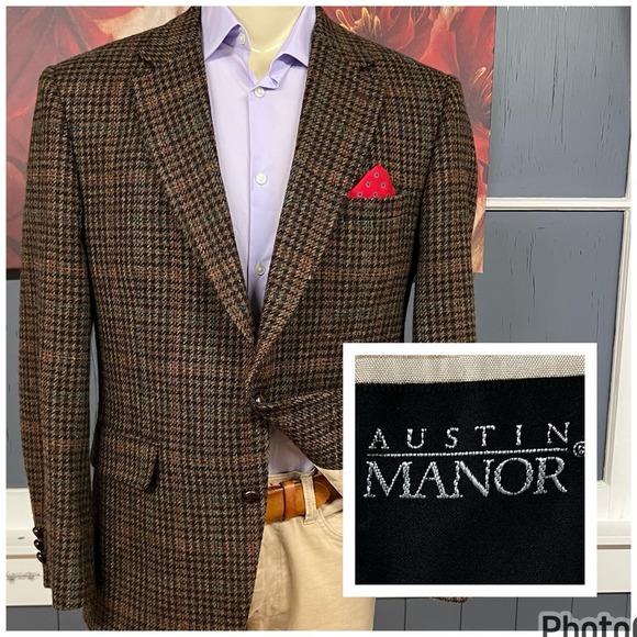 Vintage Austin Manor Tweed Blazer Jacket Mens 44R Wool Brown/Green/Red/Black